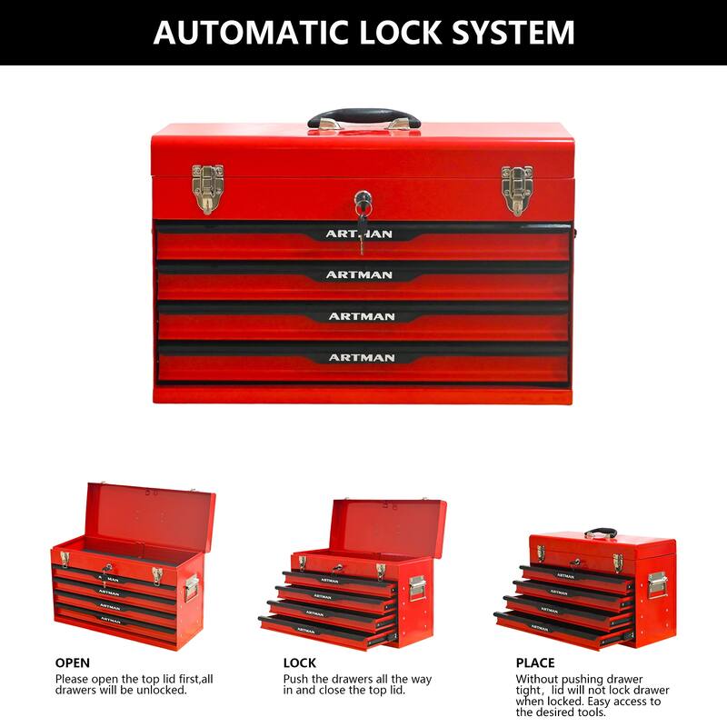 Anmytek Red 20 Inch Heavy Duty Steel Tool Box with Drawers and Metal Lock Closure Portable Tool Storage Chest and Organizer