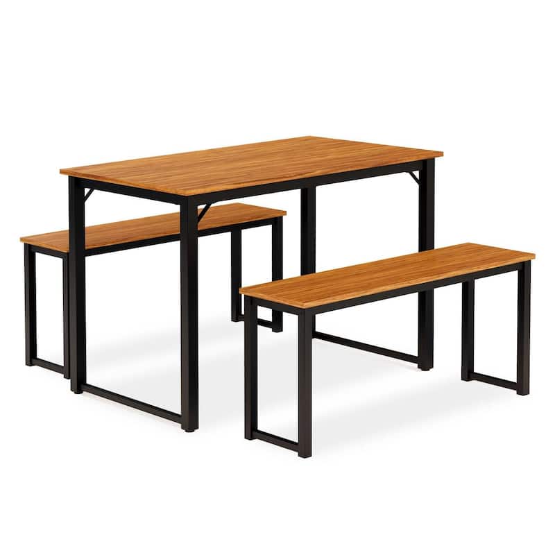 HomeStock 3-Piece Solid Wood Laminate Top Black and Brown Finish Dining Set - 1 Dining Table and 2 Benches in Powder Coating