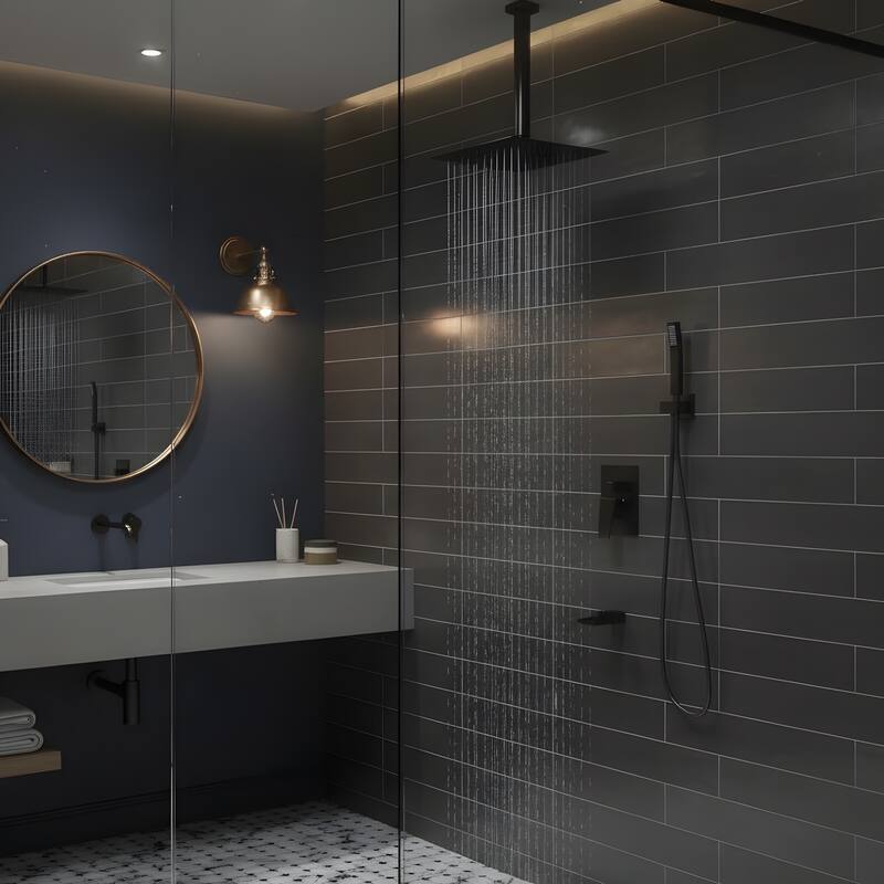 Ceiling Mount Shower with Waterfall Tub Spout and Hand Shower