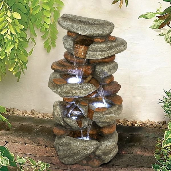 5-Tier Outdoor Water Fountain with LED Lights for Home Garden Decor