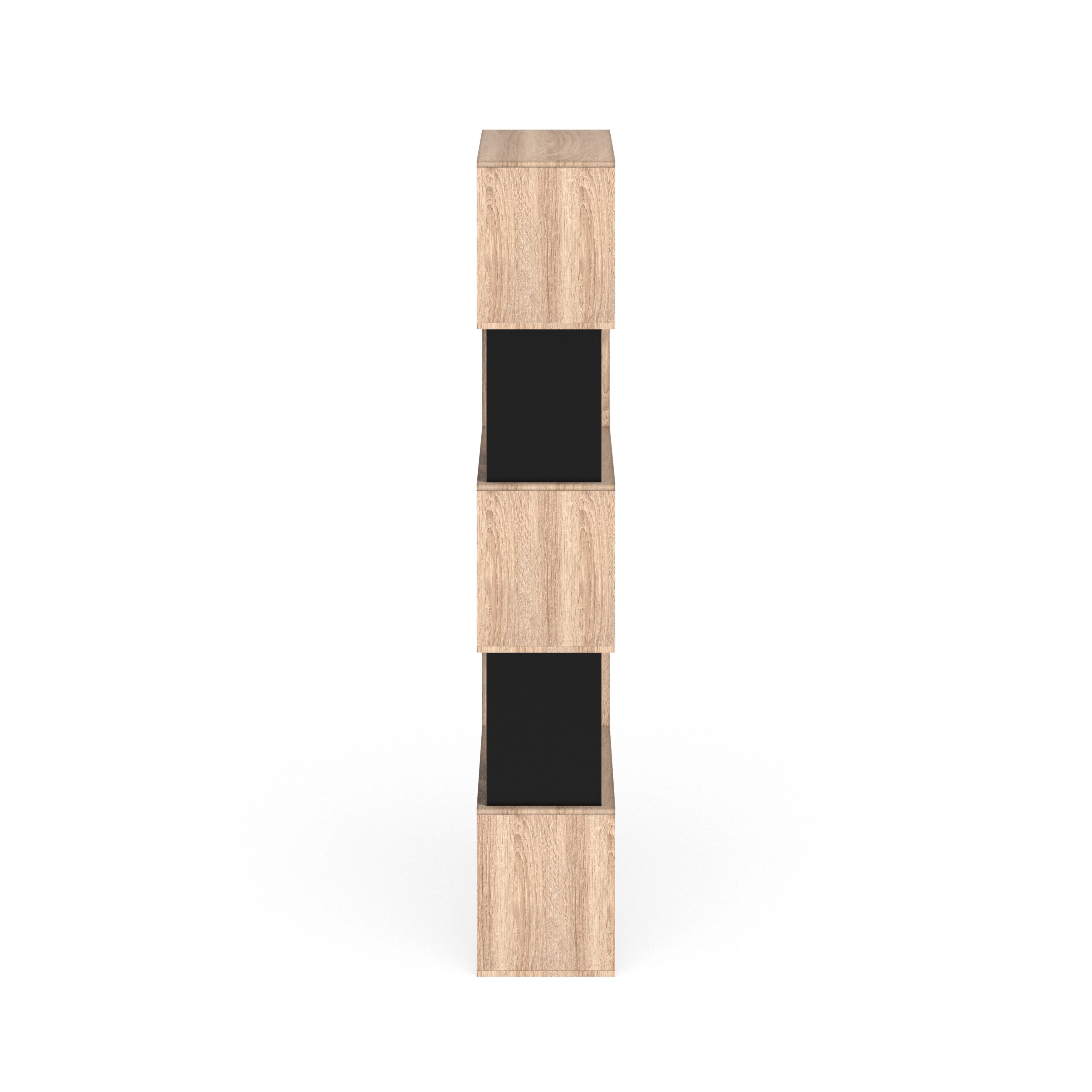 Side view of a tan and black bookcase.