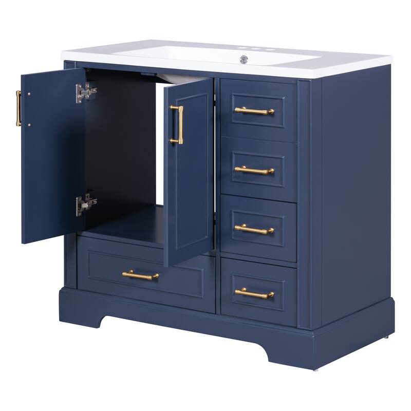 36 inch Solid Wood Traditional Bathroom Vanity with Ceramic Sink and Four Drawers