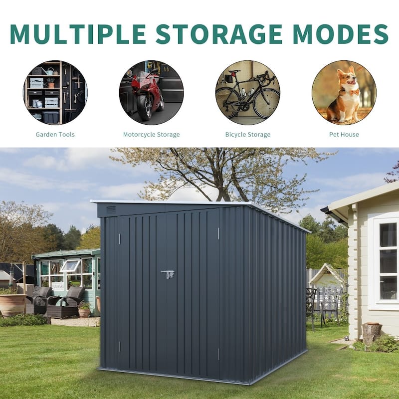 6 x 8 FT Modern Outdoor Galvanized Steel Storage Shed with Lockable Double Doors for Tools