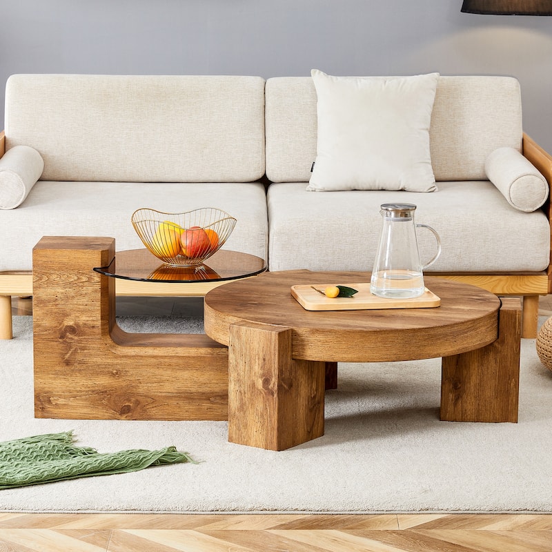 Double-Layer Round Coffee Table, Transparent Glass Top with L-Shaped Legs, Detachable Design Modern Center Table