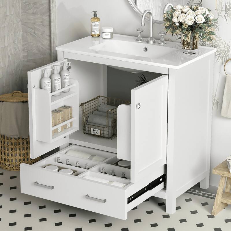 30 Inch Freestanding Bathroom Vanity with Rectangular Ceramic Sink, Two Doors, and Storage Drawer - Elegant Finish - White