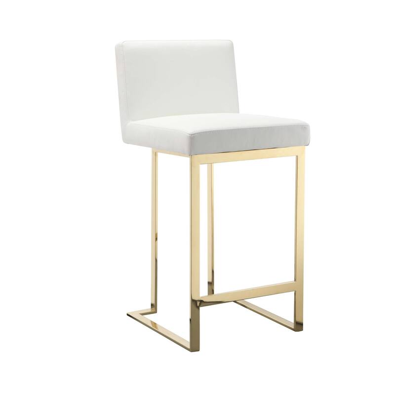 Boly 26 Inch Counter Stool, Cushioned White Faux Leather, Gold Cantilever
