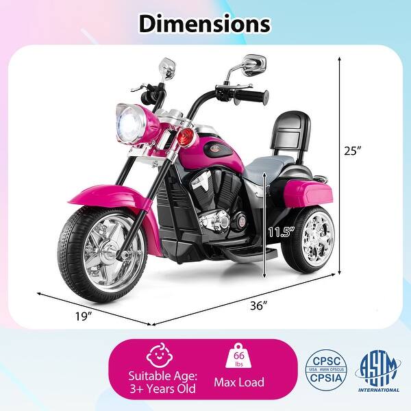 dimension image slide 1 of 2, 6V Powered Toddler 3-Wheel Motorbike Ride On Toy with Horn and Headlight - 36" x 19" x 25" (L x W x H)