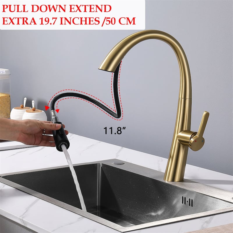 Single Handle Kitchen Faucet with Pull Down Sprayer Modern Single Hole Stainless Steel Kitchen Sink Faucets Brushed Gold