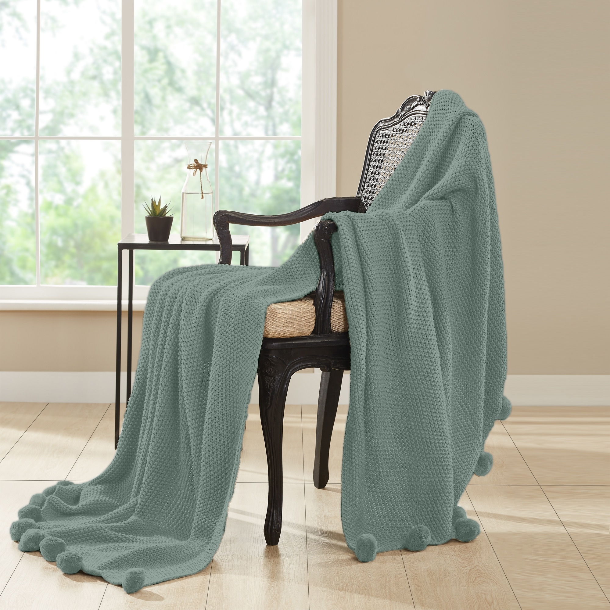 Modern Threads Knitted Bed Sofa Throw With Pom Poms On Sale