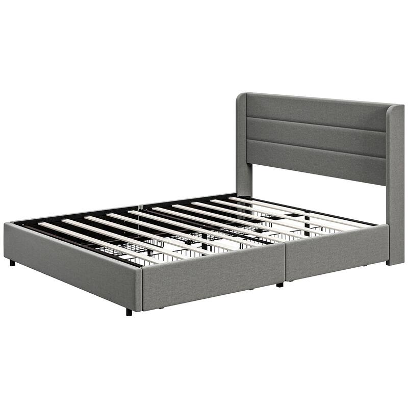 Upholstered Queen Bed Frame with Storage Drawers, Wood Slats Support, Noise-Free, Easy Assembly, Light Gray