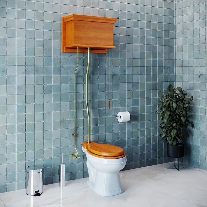 Light Mahogany Wooden High Tank Toilet Flat Tank, Brass PVD Z Pipe and Round White Bowl