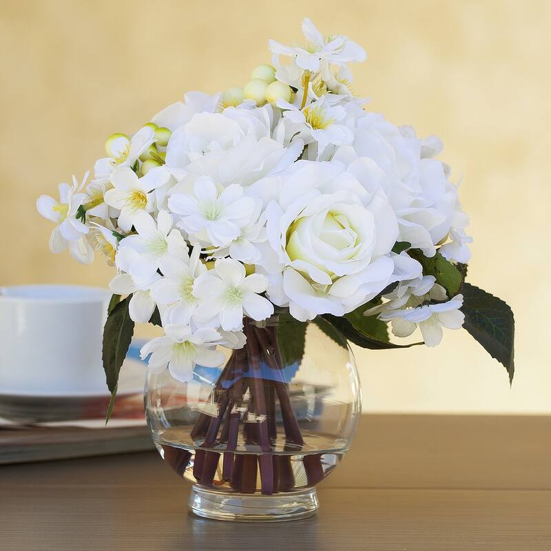 Enova Home Mixed Artificial Silk Roses Fake Flowers Arrangement in Clear Glass Vase Wwth Faux Water for Home Decoration
