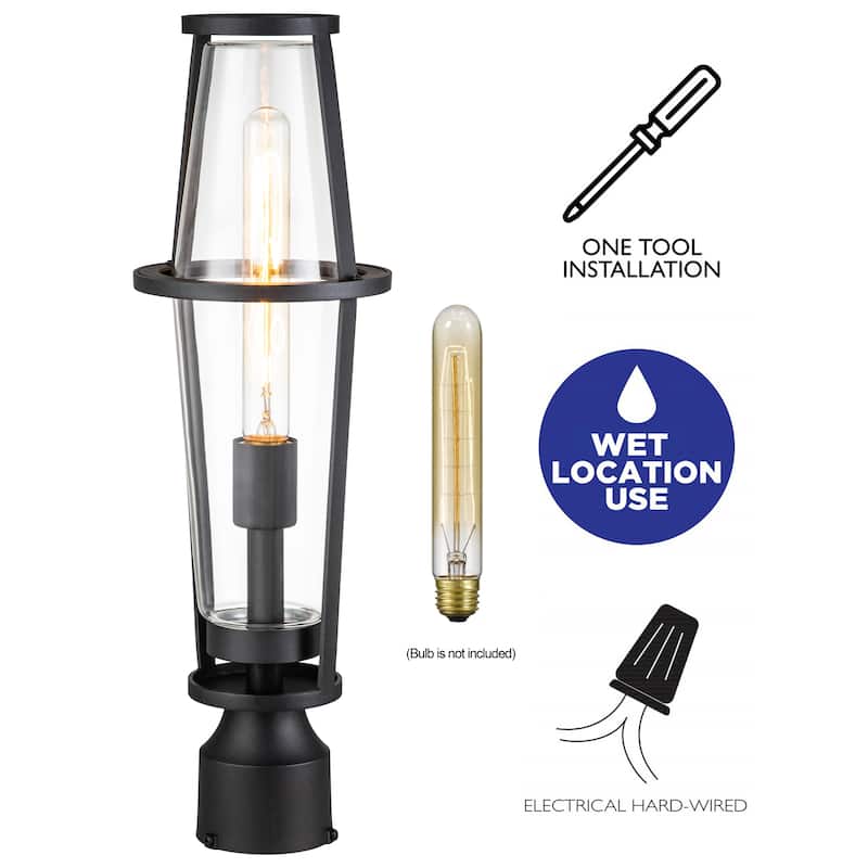 1-Light Black Outdoor Post Lantern with Clear Glass Shade