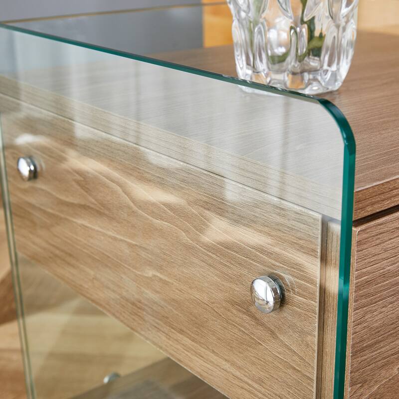 Roomfitters MDF Bedside Table with Glass Sides, Simple Modern Nightstand with Elegant Storage Space