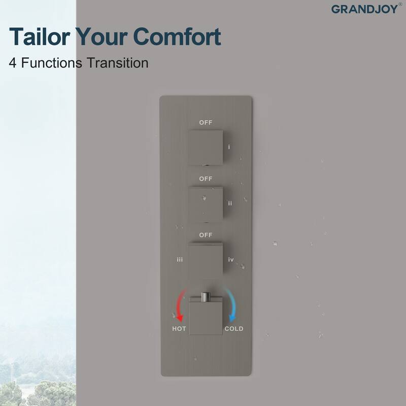 GRANDJOY Thermostatic Triple-Function LED Rain and Waterfall Shower System with Handheld and Built-In Music