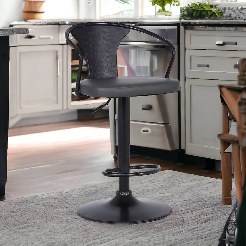 Black Faux Leather Adjustable Swivel Bar Stool with Iron Frame and Footrest - 19” x 20” x 43” (D x W x H)