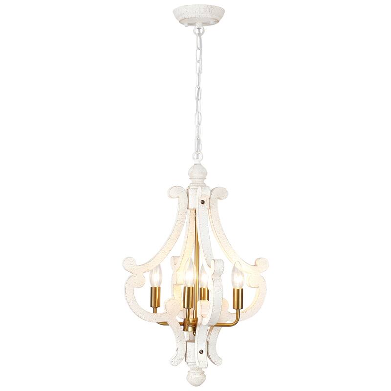 4-Light 14.56-inch Wooden Lantern Rustic Chandeliers for Entryway Hallway
