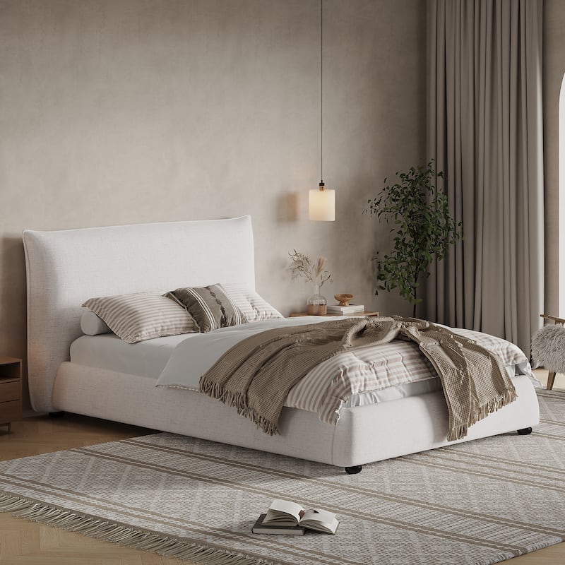 Christopher Knight Home - Naomi Modern Linen Upholstered King Platform Bed with Pillow-Back Headboard - Beige - Twin