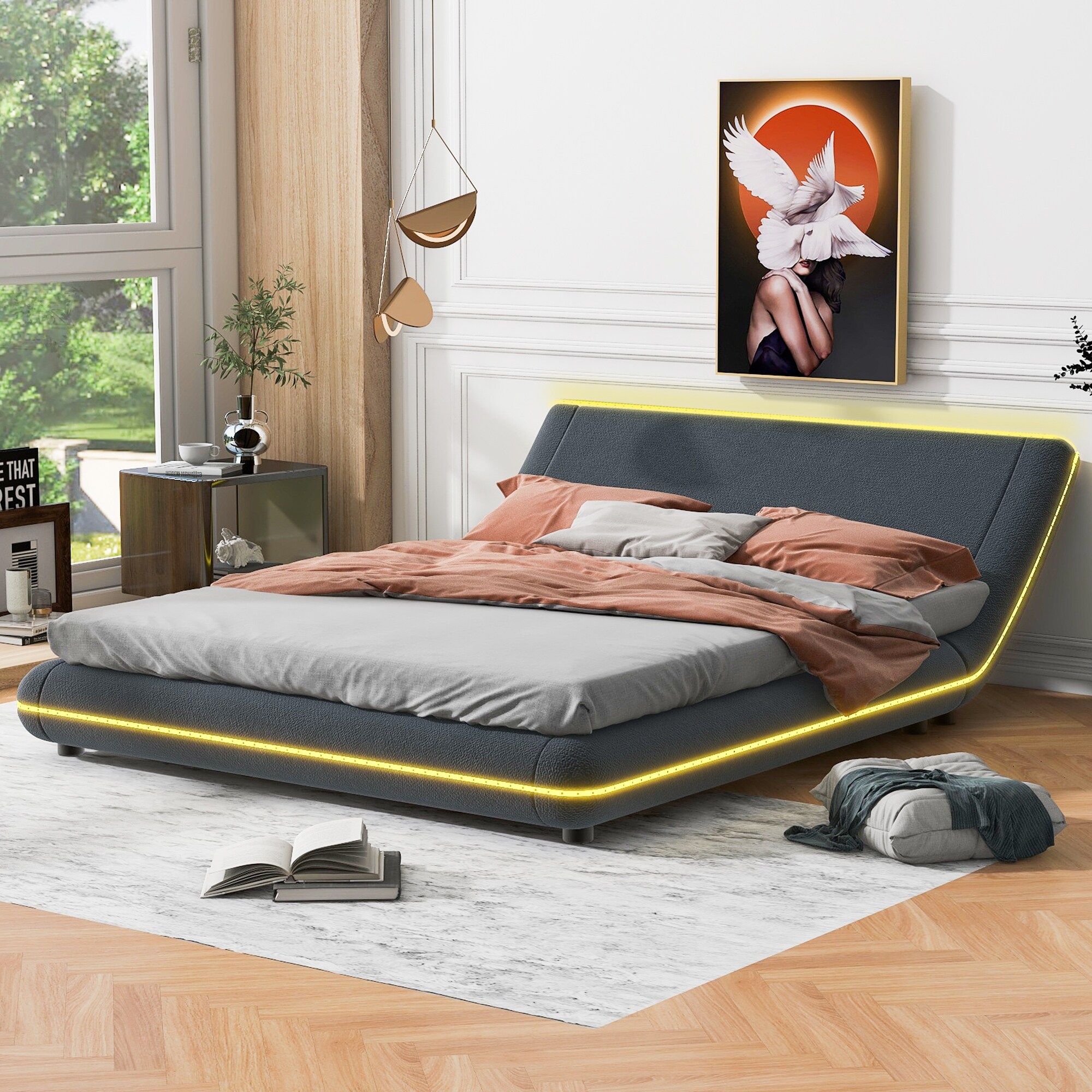 Full Upholstery Platform Bed w Sloped Headboard LED Light Strips Grey Bed Bath Beyond 40203876