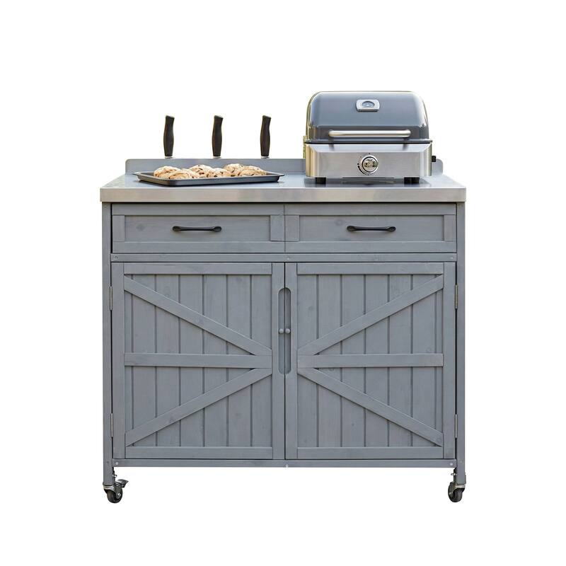 39.4" Outdoor Kitchen Island with Stainless Table Top, with One Large Drawer, Internal Storage Racks & 4 Wheels