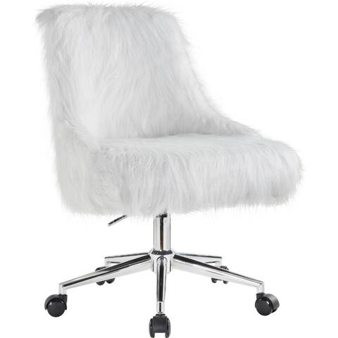 Swivel Office Chair with Faux Fur Fabric, White and Chrome