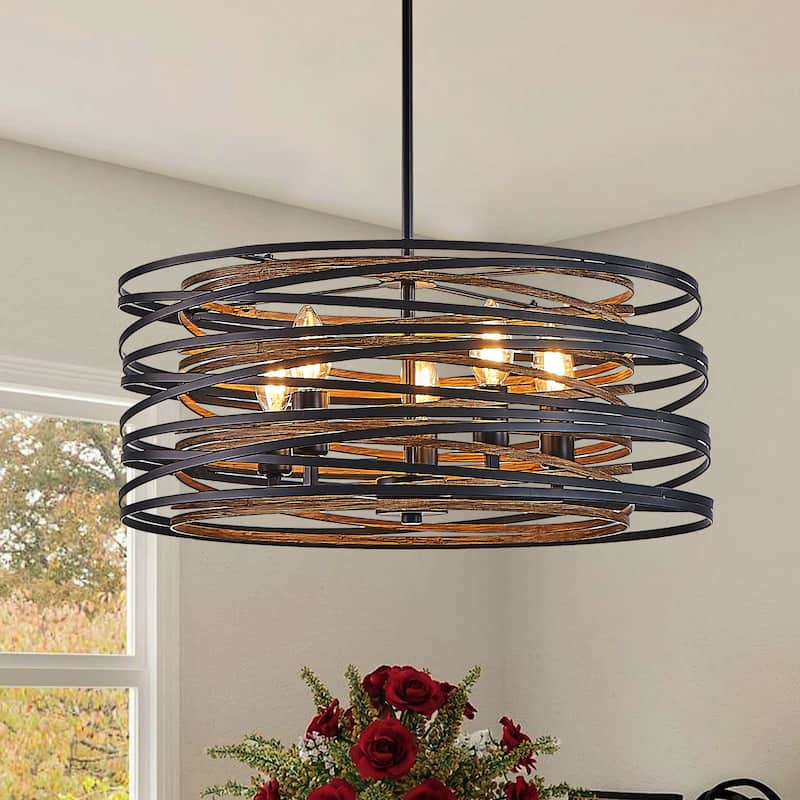 Sofucor 13/20/24 Inch Rustic Industrial Pendant Light,Black and Walnut Metal Cage Chandelier with Wood Accents for Dining Room