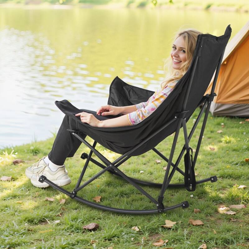 Large Outdoor Foldable Rocking Chair with Padded Armrests and Cup Holder for Easy Transport - 40.55” x 36.22” x 37.40”