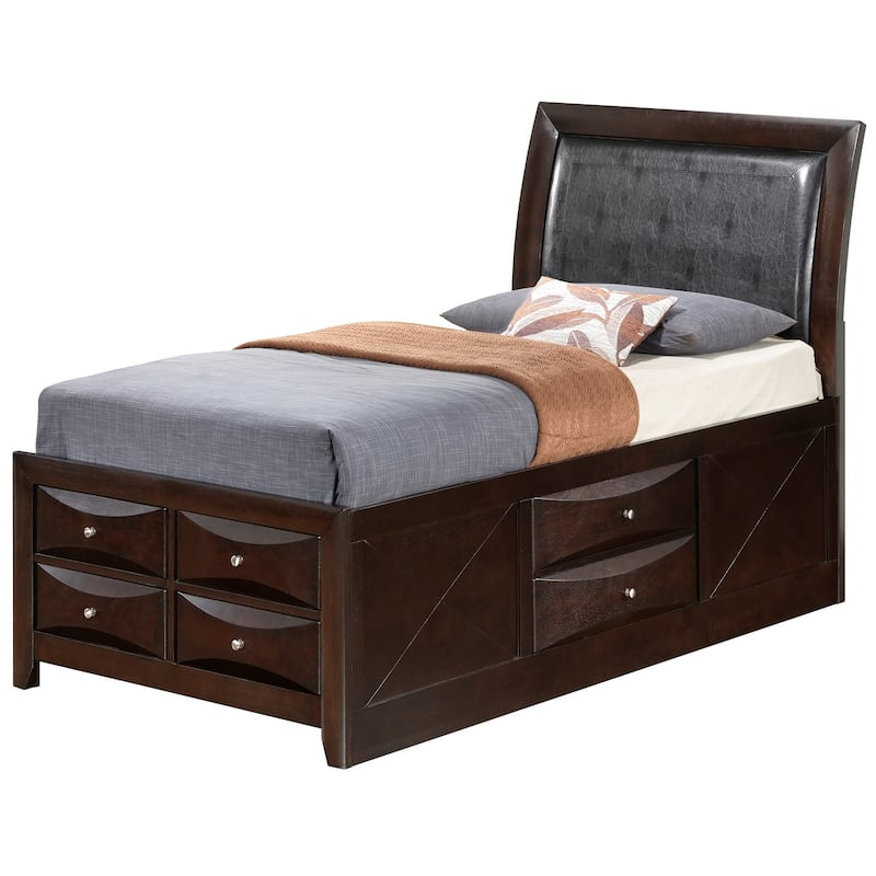 Tufted Faux Leather Twin Panel Bed with Storage Drawers - 85" - Brown
