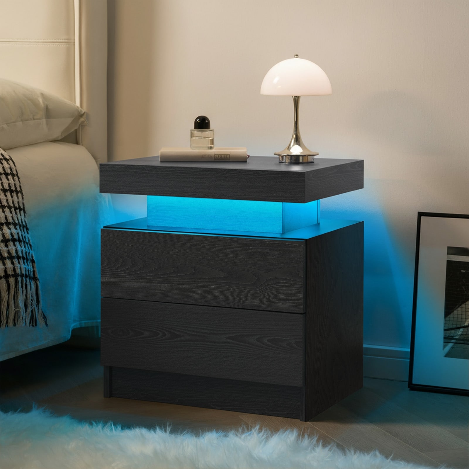 Adjustable LED Lights Nightstand with Drawers & Open Shelf for Bedroom