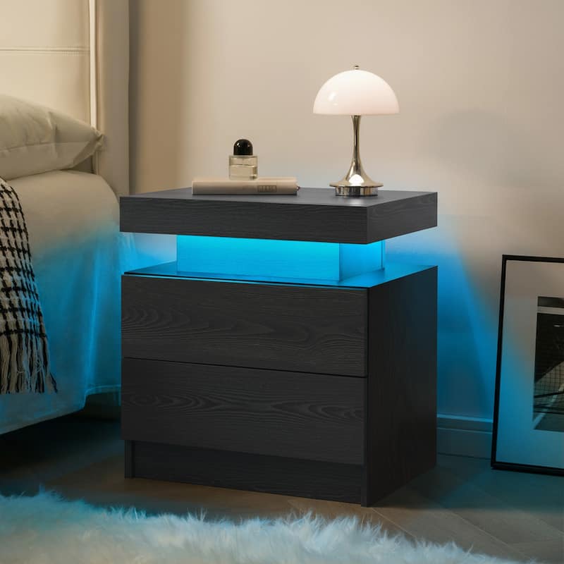 GDF Studio - Avalon Modern LED Nightstand with Dual Drawers and Open Storage Shelf
