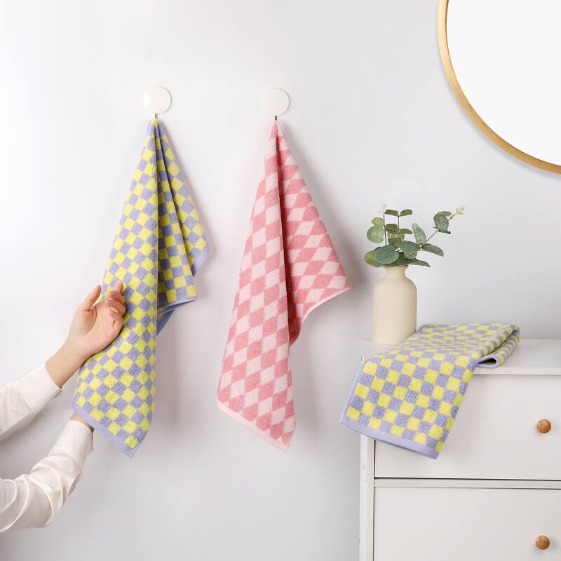 Checkered Cotton Hand Towels for Bathroom, Geometry Pattern Soft Absorbent Bath Hand Towel for Home Decor - Green - 4 Pack