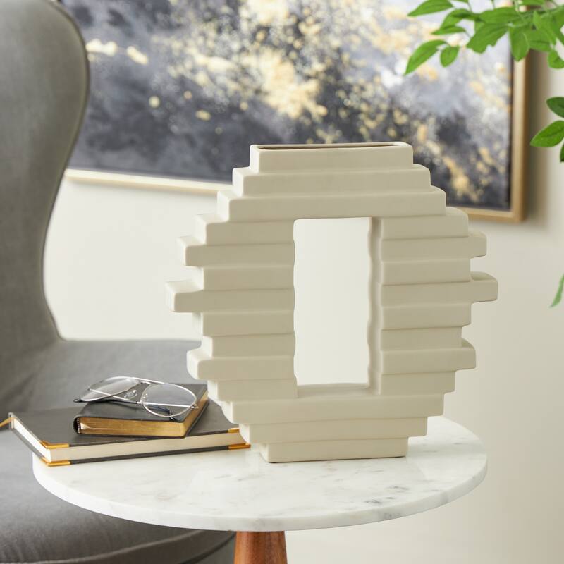 Cream Ceramic Abstract Decorative Vase with Rectangular Center Cutout - Cream - 13"W, 12"H