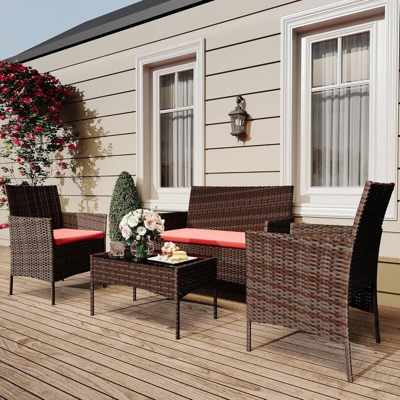 4-Piece Patio Rattan Furniture Set with Tempered Glass Table for Garden