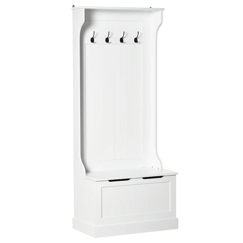 White Hall Tree with Coat Rack and Storage Bench - Versatile Organizer - White