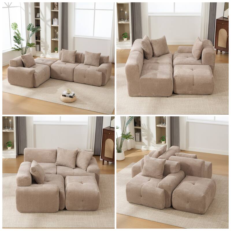 Roomfitters Modular L Shaped Sectional Sofa, 4-Piece Cloud Tufted 3 Seater Couch with Deep Seat Ottoman and Pillows