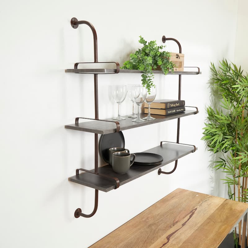3 Level Wood Wall Shelf with Black Metal Brackets - Brown or Gray
