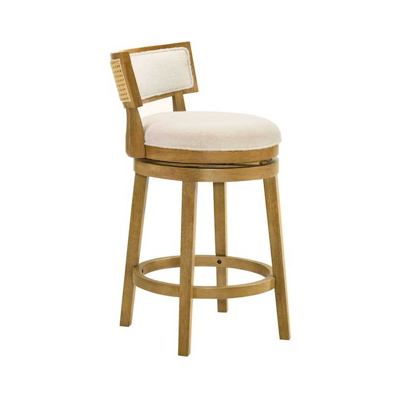 Noely Modern Farmhouse Swivel Wood Counter Height Kitchen Bar Stool with White Boucle Fabric Upholstered Seat