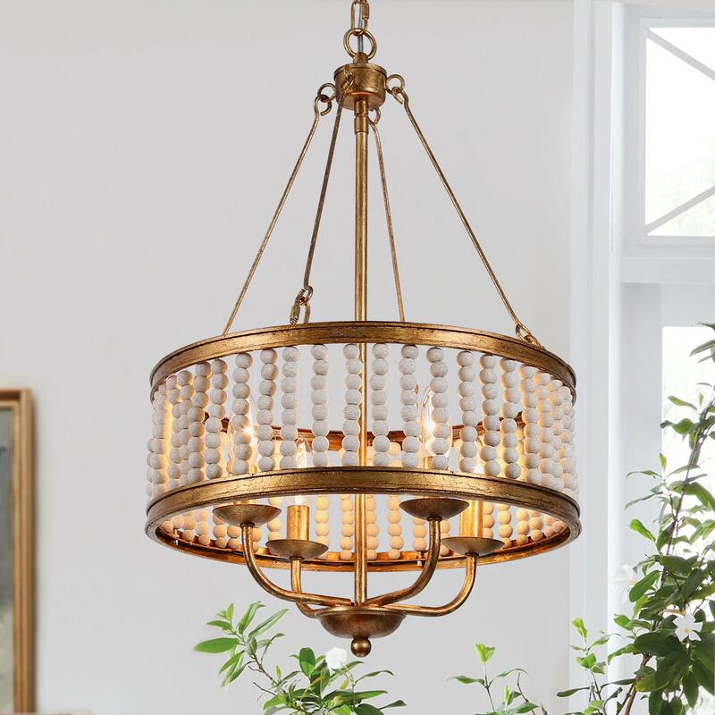 Mid-century Modern Glam Drum Foyer Chandelier wth White Wood Beads - Antique Gold - D 15.5"x H 85"