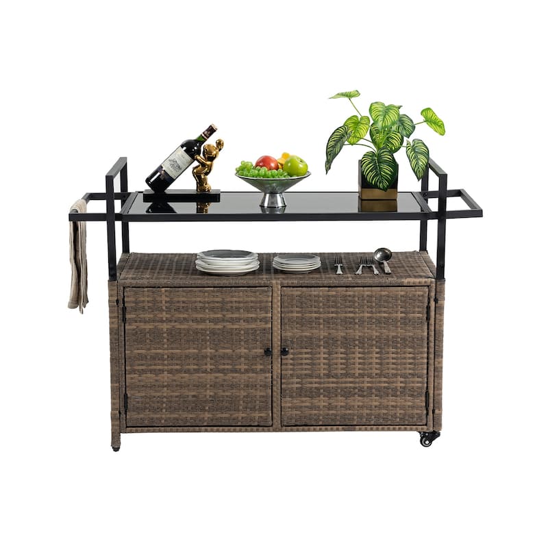 Portable Wicker Outdoor Bar Cart w/Wheels and Storage Cabinet