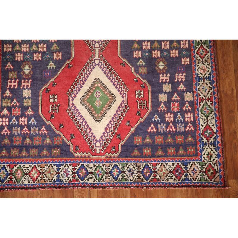 Navy Geometric Yalameh Persian Vintage Rug Hand-knotted Wool Carpet - 4'3"x 7'1"