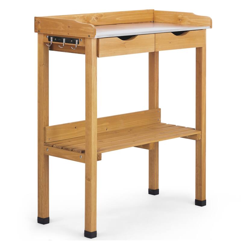 Natural Wood Potting Bench with Metal Top and 2 Drawers Lower Shelf and Hooks for Gardening - 29.8” x 14.6” x 36.4”
