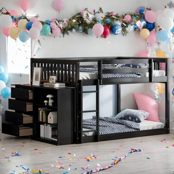 slide 2 of 13, Kids and Baby Full over Full Bunk Bed with 4 Drawers and 3 Shelves Espresso