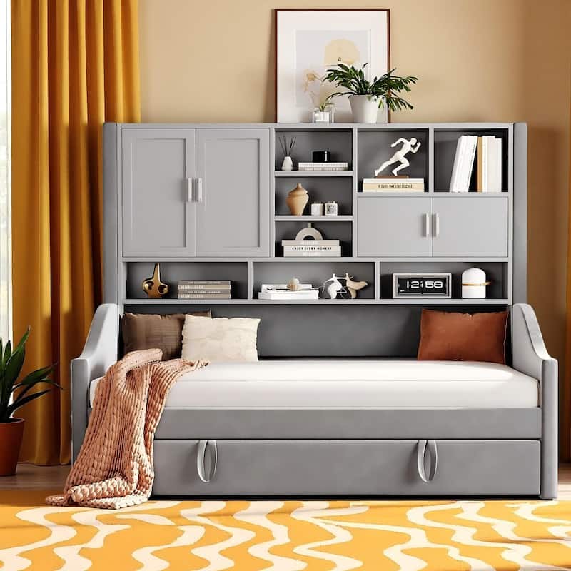 Convertible Twin Daybed with LED Armrests, Storage Shelving & Pop-Up Trundle by Harper&Bright Designs - Grey