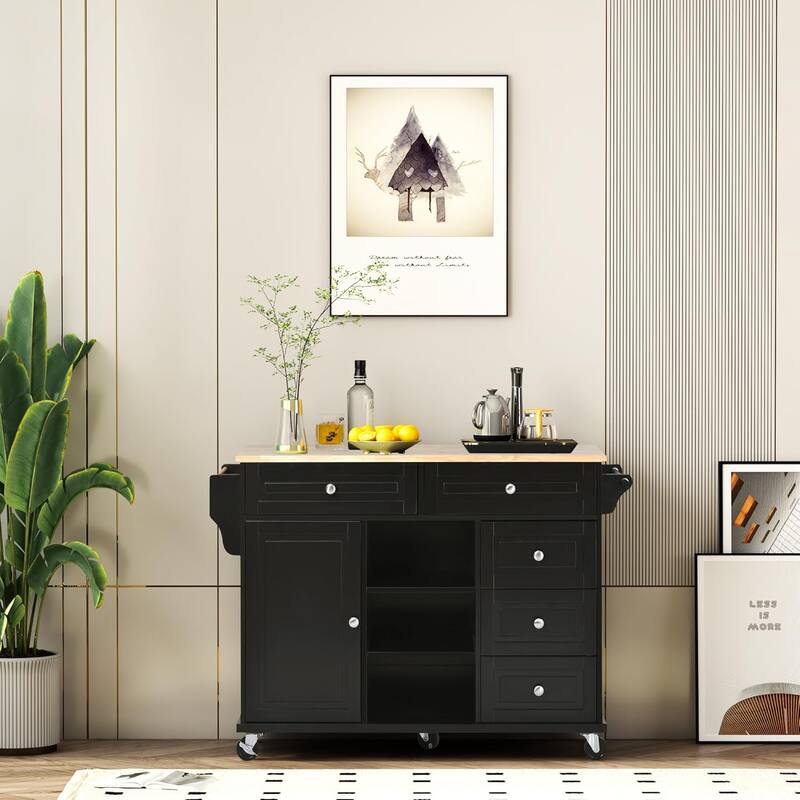 Roomfitters Kitchen Cart with Rubber wood Desktop - Rolling Mobile Kitchen Island with Storage and 5 Drawers, 53 Inch Length