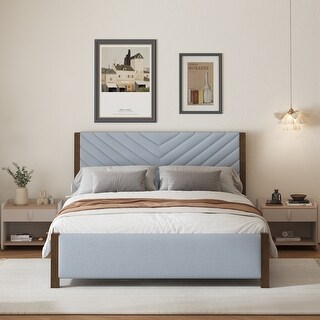 Modern Mid-Century Queen Size Upholstered Platform Bed Frame with Tufted Headboard and Solid Wood Legs, Grey