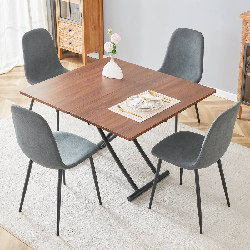 5-Piece Square Folding Dining Table Set, Wooden Lifting Dining Table with Dark Gray Linen Fabric Chairs for Small Spaces