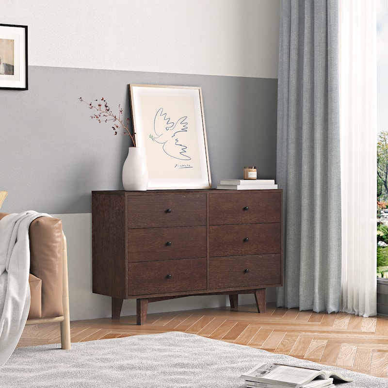 Kitchen Pantry Cabinets With 6 Drawers, Retro Round Handle Wood Wardrobe Closet, Low Storage Cabinet