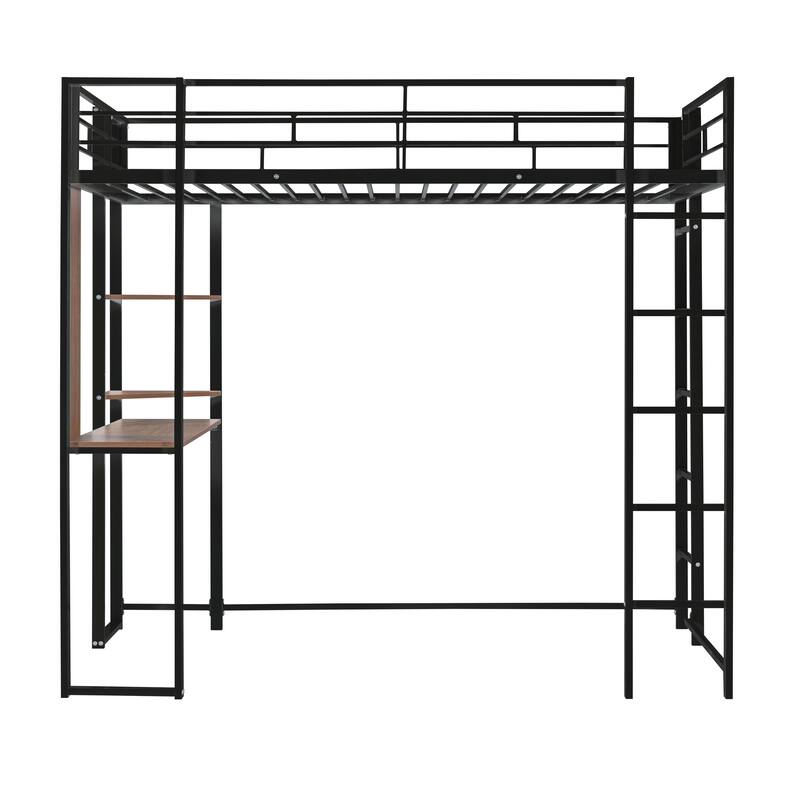 Twin Size Loft Bed with 2 Corner Shelves and MDF Desk, Metal Bed Frame with 2 Built-in Ladders and Safety Guardrails