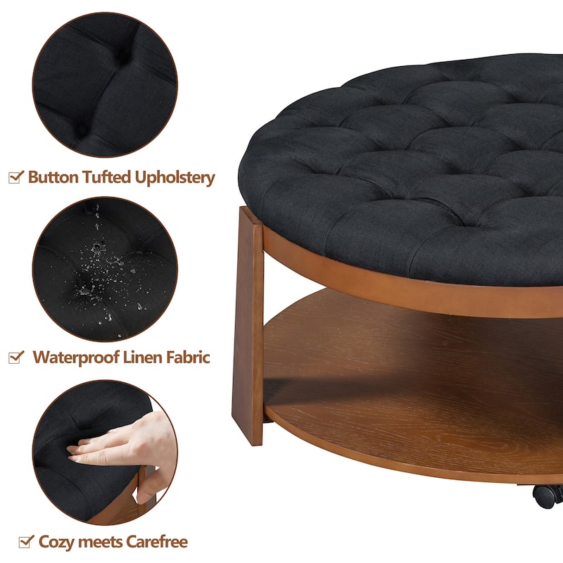 Large Round Ottoman Coffee Table with 2-Tier Storage, Button Tufted and Wheels