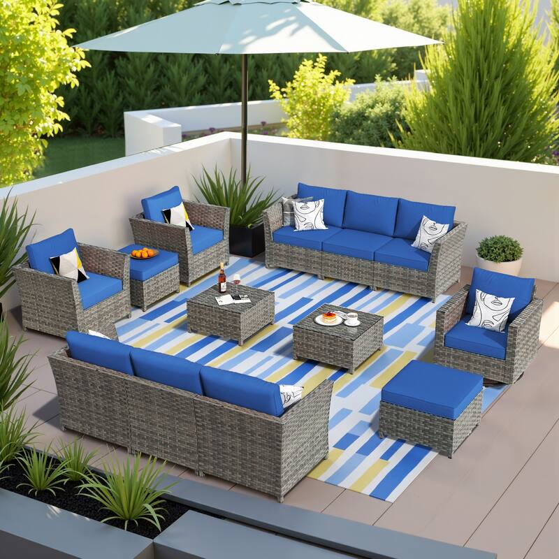 HOOOWOOO 13-piece Outdoor Wicker Patio Furniture Sectional Set with Swivel Chair - Navy Blue